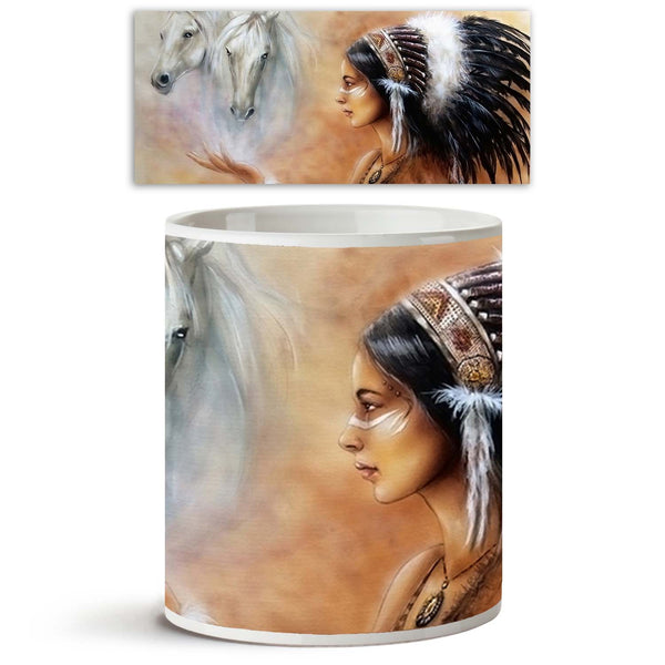 Woman Wearing Feathers With Two White Horse Spirits Ceramic Coffee Tea Mug Inside White-Coffee Mugs-MUG-IC 5004281 IC 5004281, American, Ancient, Animals, Art and Paintings, Black, Black and White, Culture, Ethnic, Fantasy, Historical, Illustrations, Indian, Individuals, Medieval, Paintings, Portraits, Religion, Religious, Spiritual, Traditional, Tribal, Vintage, White, World Culture, woman, wearing, feathers, with, two, horse, spirits, ceramic, coffee, tea, mug, inside, painting, oil, horses, canvas, godde
