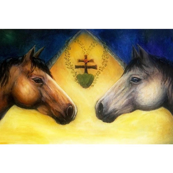 Two Horse Heads Unframed Paper Poster-Paper Posters Unframed-POS_UN-IC 5004739 IC 5004739, Adult, Animals, Art and Paintings, Drawing, Illustrations, Individuals, Nature, Paintings, Patterns, Portraits, Scenic, Signs, Signs and Symbols, Symbols, two, horse, heads, unframed, paper, wall, poster, animal, art, artistic, background, beautiful, beauty, brown, canvas, closeup, colorful, colour, concept, creative, decor, decoration, design, detail, farm, grey, head, horses, illustration, image, nobody, oil, opposi