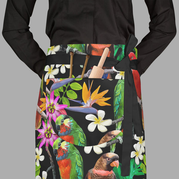 Exotic Birds & Beautiful Flowers D1 Apron | Adjustable, Free Size & Waist Tiebacks-Aprons Waist to Feet-APR_WS_FT-IC 5007520 IC 5007520, African, Animals, Art and Paintings, Birds, Black and White, Botanical, Drawing, Fashion, Floral, Flowers, Nature, Paintings, Patterns, Pets, Scenic, Signs, Signs and Symbols, Tropical, White, Wildlife, exotic, beautiful, d1, full-length, waist, to, feet, apron, poly-cotton, fabric, adjustable, tiebacks, parrot, bird, parrots, jungle, seamless, africa, animal, art, blue, b