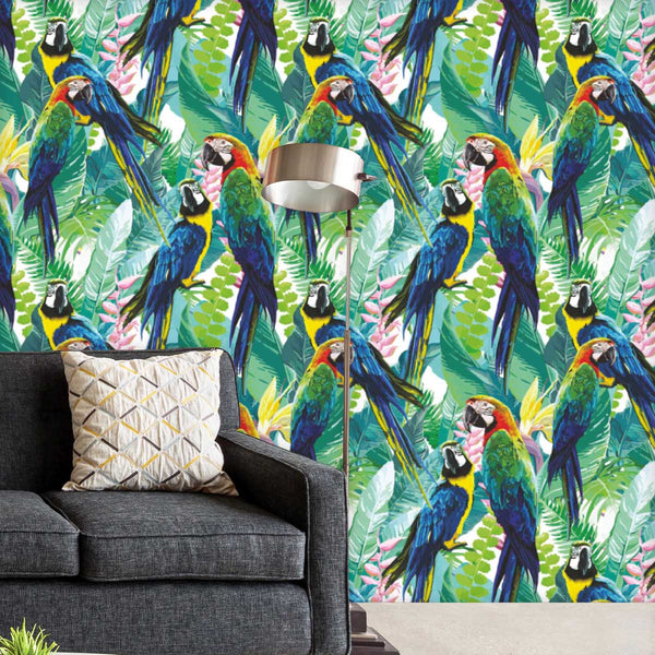 Exotic Birds & Beautiful Flowers D2 Wallpaper Roll-Wallpapers Peel & Stick-WAL_PA-IC 5007552 IC 5007552, Animals, Art and Paintings, Birds, Black and White, Botanical, Drawing, Fashion, Floral, Flowers, Illustrations, Love, Nature, Patterns, Pets, Romance, Scenic, Signs, Signs and Symbols, Tropical, White, Wildlife, exotic, beautiful, d2, peel, stick, vinyl, wallpaper, roll, non-pvc, self-adhesive, eco-friendly, water-repellent, scratch-resistant, pattern, parrot, jungle, bird, brazil, parrots, macaw, illus