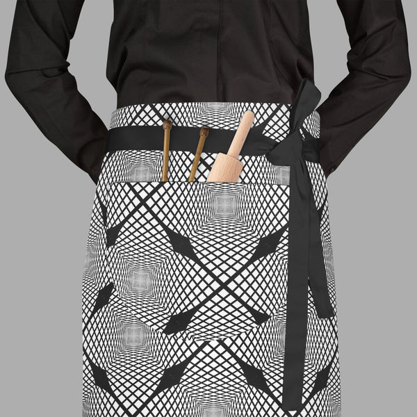 Monochrome Geometric D1 Apron | Adjustable, Free Size & Waist Tiebacks-Aprons Waist to Feet-APR_WS_FT-IC 5007623 IC 5007623, Abstract Expressionism, Abstracts, Art and Paintings, Black, Black and White, Check, Diamond, Digital, Digital Art, Geometric, Geometric Abstraction, Graphic, Grid Art, Illustrations, Modern Art, Patterns, Semi Abstract, Signs, Signs and Symbols, Stripes, White, monochrome, d1, full-length, waist, to, feet, apron, poly-cotton, fabric, adjustable, tiebacks, abstract, abstraction, art, 