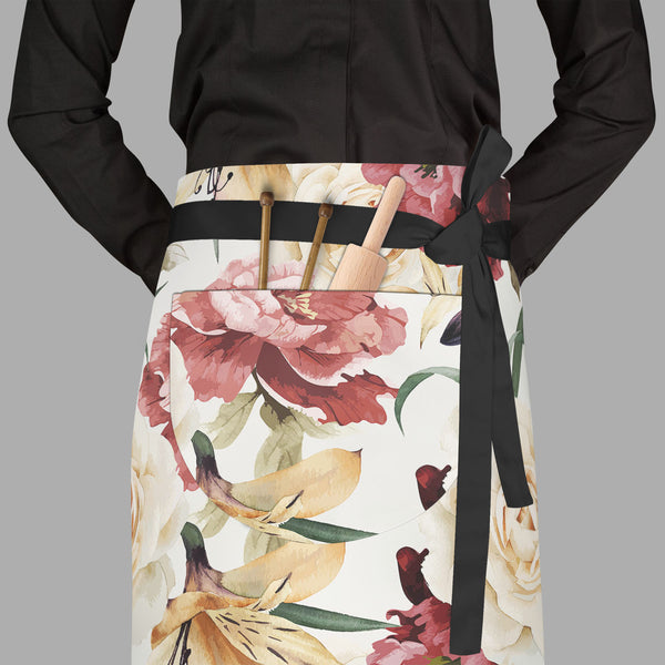 Roses D2 Apron | Adjustable, Free Size & Waist Tiebacks-Aprons Waist to Feet-APR_WS_FT-IC 5007667 IC 5007667, Abstract Expressionism, Abstracts, Ancient, Art and Paintings, Black and White, Botanical, Fashion, Floral, Flowers, Historical, Illustrations, Medieval, Nature, Paintings, Patterns, Scenic, Semi Abstract, Signs, Signs and Symbols, Vintage, Watercolour, White, roses, d2, full-length, waist, to, feet, apron, poly-cotton, fabric, adjustable, tiebacks, pattern, flower, watercolor, rose, peony, seamless