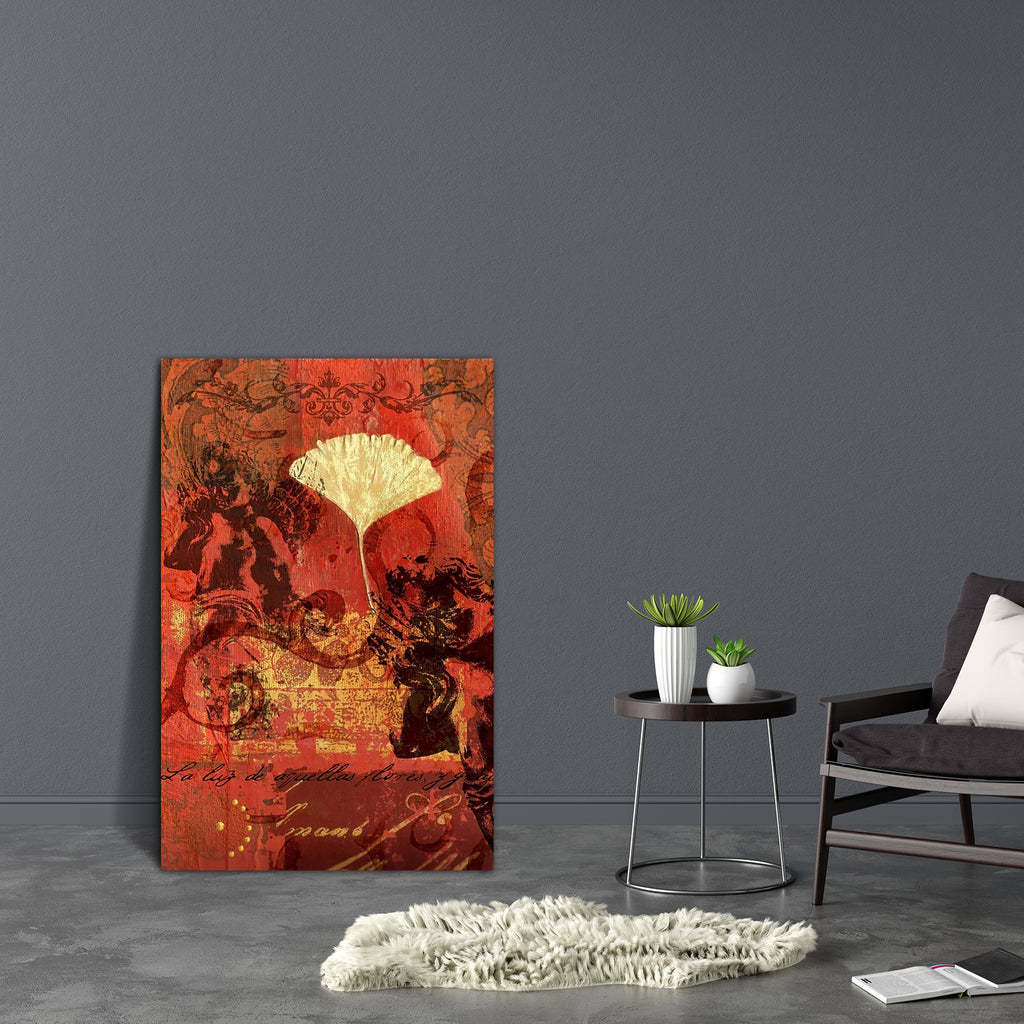 Ginkgo Leaf & Cherub Canvas Painting Synthetic Frame-Paintings MDF Framing-AFF_FR-IC 5000057 IC 5000057, Art and Paintings, Collages, Digital, Digital Art, Graphic, Illustrations, ginkgo, leaf, cherub, canvas, painting, synthetic, frame, angel, art, artistic, artwork, collage, composition, gold, illustration, layers, ornament, red, unique, artzfolio, wall decor for living room, wall frames for living room, frames for living room, wall art, canvas painting, wall frame, scenery, panting, paintings for living 