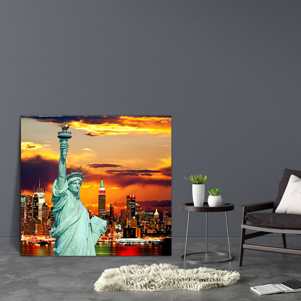 The Statue Of Liberty & New York City Skyline, USA Canvas Painting Synthetic Frame-Paintings MDF Framing-AFF_FR-IC 5000103 IC 5000103, American, Architecture, Automobiles, Business, Cities, City Views, Icons, Landmarks, Landscapes, Places, Scenic, Skylines, Sunrises, Sunsets, Transportation, Travel, Urban, Vehicles, the, statue, of, liberty, new, york, city, skyline, usa, canvas, painting, synthetic, frame, america, attraction, blue, building, center, cityscape, crown, downtown, empire, financial, freedom, 