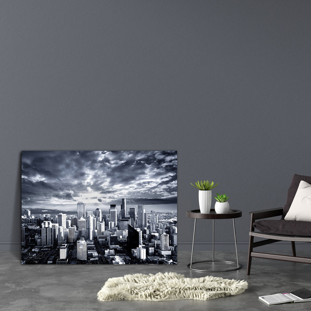 Seattle Cityscape, Washington, USA Canvas Painting Synthetic Frame-Paintings MDF Framing-AFF_FR-IC 5000122 IC 5000122, American, Black, Black and White, Business, Cities, City Views, Modern Art, Urban, White, seattle, cityscape, washington, usa, canvas, painting, synthetic, frame, buildings, america, artistic, and, city, clouds, contrast, modern, storm, artzfolio, wall decor for living room, wall frames for living room, frames for living room, wall art, canvas painting, wall frame, scenery, panting, paintin