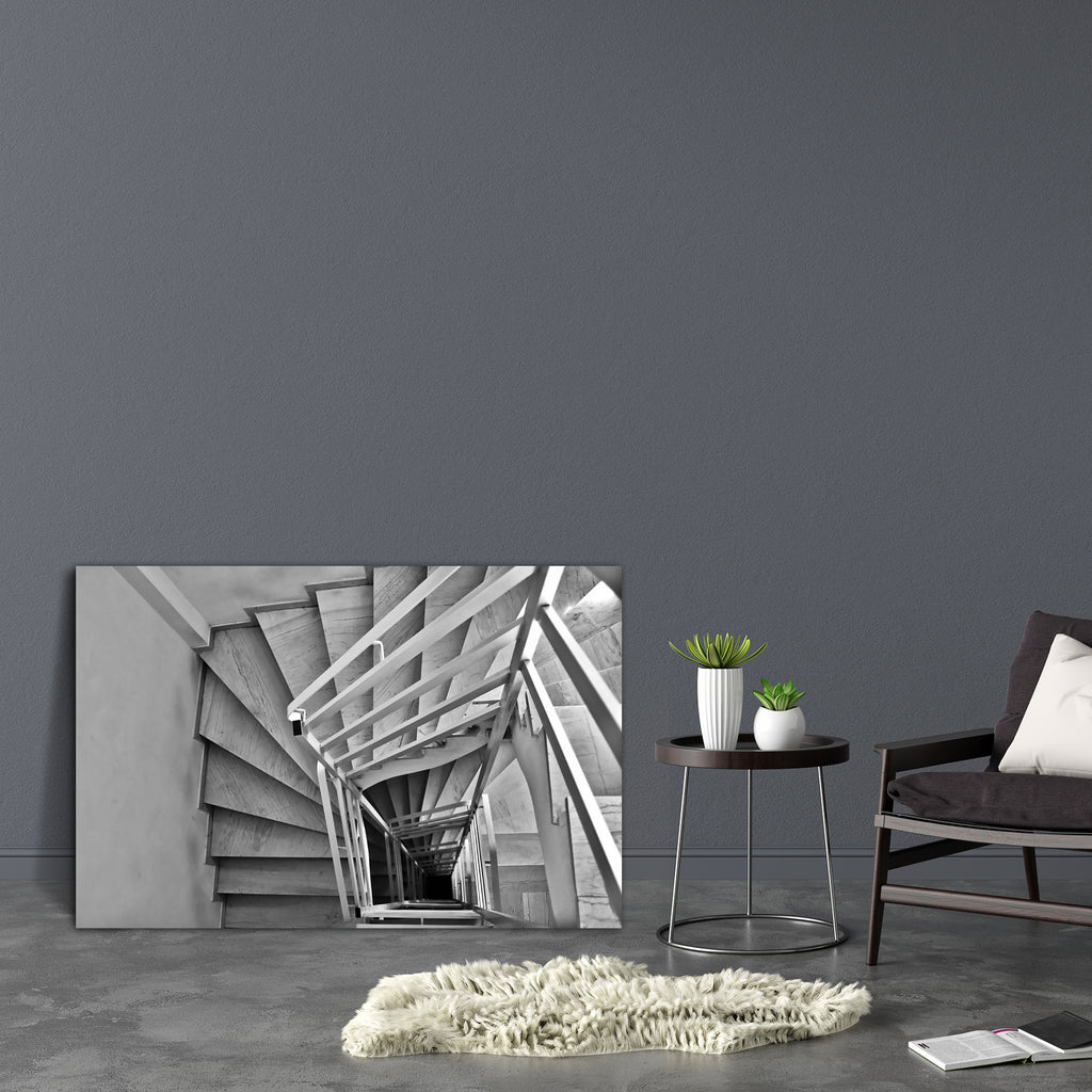 Interior Staircase Canvas Painting Synthetic Frame-Paintings MDF Framing-AFF_FR-IC 5000124 IC 5000124, Abstract Expressionism, Abstracts, Architecture, Black, Black and White, Geometric, Geometric Abstraction, Gothic, Marble, Marble and Stone, Patterns, Perspective, Semi Abstract, Signs, Signs and Symbols, Urban, White, interior, staircase, canvas, painting, synthetic, frame, stairwell, spiral, abstract, background, building, concrete, construction, dark, darkness, descending, descent, design, down, downsta