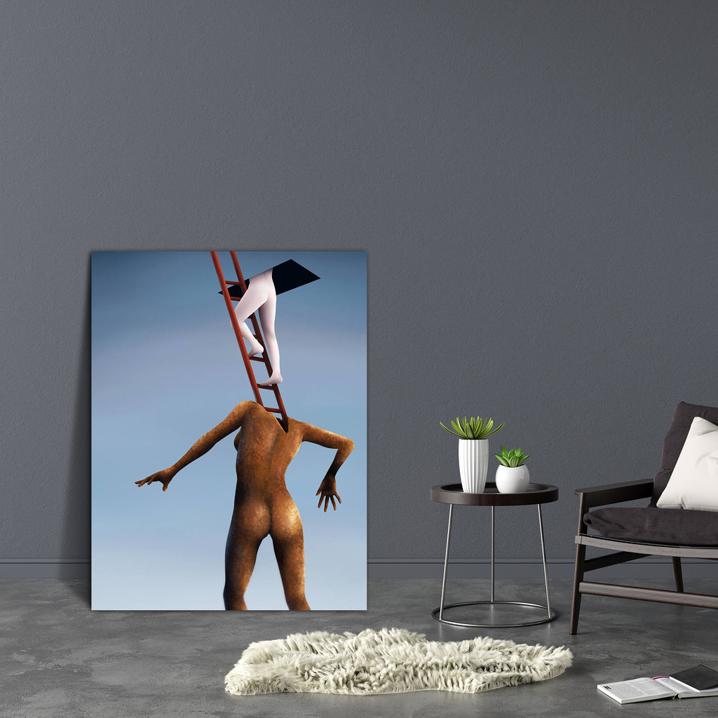 Surreal Artwork D1 Canvas Painting Synthetic Frame-Paintings MDF Framing-AFF_FR-IC 5000168 IC 5000168, Art and Paintings, Paintings, Surrealism, surreal, artwork, d1, canvas, painting, synthetic, frame, a, person, climbing, ladder, exiting, sky, out, rusted, husk, woman's, form, artzfolio, wall decor for living room, wall frames for living room, frames for living room, wall art, canvas painting, wall frame, scenery, panting, paintings for living room, framed wall art, wall painting, scenery painting, framed