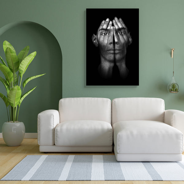 Surreal Man Canvas Painting Synthetic Frame-Paintings MDF Framing-AFF_FR-IC 5000188 IC 5000188, Art and Paintings, Black, Black and White, Individuals, Portraits, Surrealism, surreal, man, canvas, painting, for, bedroom, living, room, engineered, wood, frame, schizophrenia, eyes, suffering, hands, insomnia, horror, psychosis, anxiety, afraid, art, artwork, censorship, closed, cover, covering, crying, dark, depressed, dramatic, dreamer, dreams, dreamy, face, fear, head, hope, isolated, male, night, nightmare