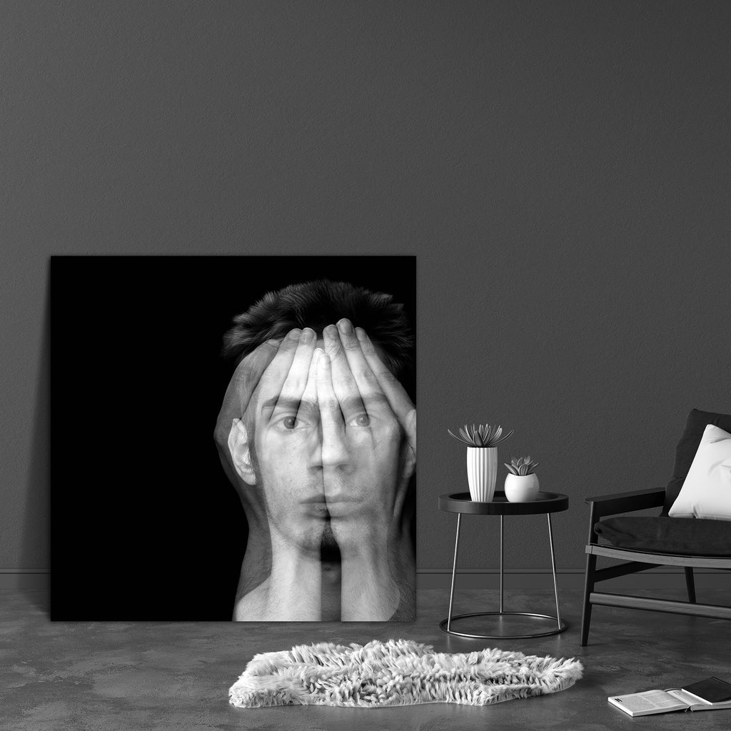 Male Covering His Face With His Hands Canvas Painting Synthetic Frame-Paintings MDF Framing-AFF_FR-IC 5000197 IC 5000197, Art and Paintings, Black, Black and White, Individuals, Portraits, Space, Surrealism, male, covering, his, face, with, hands, canvas, painting, synthetic, frame, schizophrenia, insomnia, psychosis, nightmare, afraid, anxiety, art, artwork, background, censorship, closed, copyspace, cover, cry, crying, dark, depressed, depression, dramatic, dreamer, dreams, dreamy, eyes, fear, head, hope,