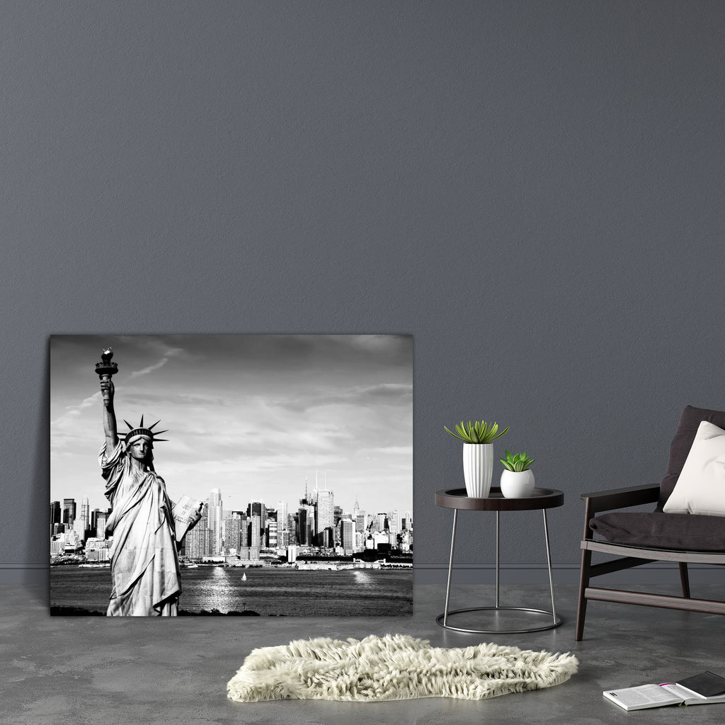 New York Midtown Over Hudson, USA Canvas Painting Synthetic Frame-Paintings MDF Framing-AFF_FR-IC 5000247 IC 5000247, Black, Black and White, Boats, Business, Cities, City Views, Landmarks, Nautical, Places, Skylines, White, new, york, midtown, over, hudson, usa, canvas, painting, synthetic, frame, statue, of, liberty, city, skyline, boat, buildings, cityscape, landmark, nyc, river, sailing, artzfolio, wall decor for living room, wall frames for living room, frames for living room, wall art, canvas painting