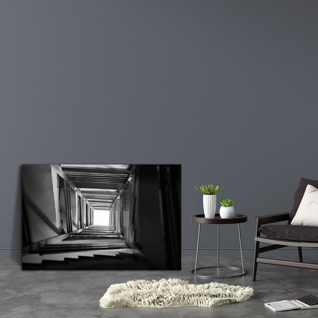 Staircase Spiral Canvas Painting Synthetic Frame-Paintings MDF Framing-AFF_FR-IC 5000300 IC 5000300, Abstract Expressionism, Abstracts, Architecture, Black, Black and White, Geometric, Geometric Abstraction, Gothic, Patterns, Perspective, Semi Abstract, Signs, Signs and Symbols, Urban, White, staircase, spiral, canvas, painting, synthetic, frame, abstract, background, building, concrete, construction, dark, darkness, descent, design, down, downstairs, empty, grunge, height, high, interior, light, long, mood