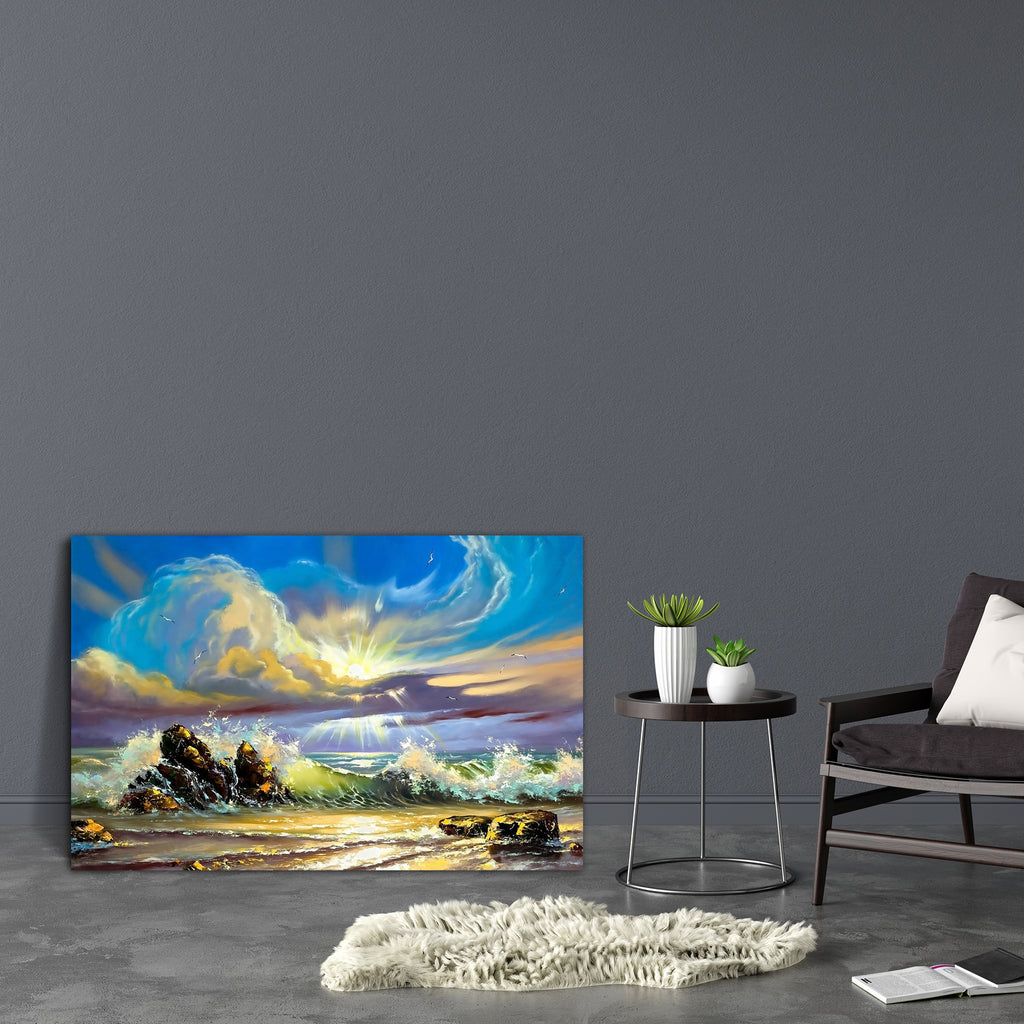 Sunset On Seacoast Canvas Painting Synthetic Frame-Paintings MDF Framing-AFF_FR-IC 5000387 IC 5000387, Art and Paintings, Drawing, Impressionism, Marble and Stone, Nature, Paintings, Scenic, Sunsets, Wooden, sunset, on, seacoast, canvas, painting, synthetic, frame, oil, art, clouds, coast, imagination, ocean, paints, picture, registration, seagulls, stones, the, sun, waves, wood, artzfolio, wall decor for living room, wall frames for living room, frames for living room, wall art, canvas painting, wall frame