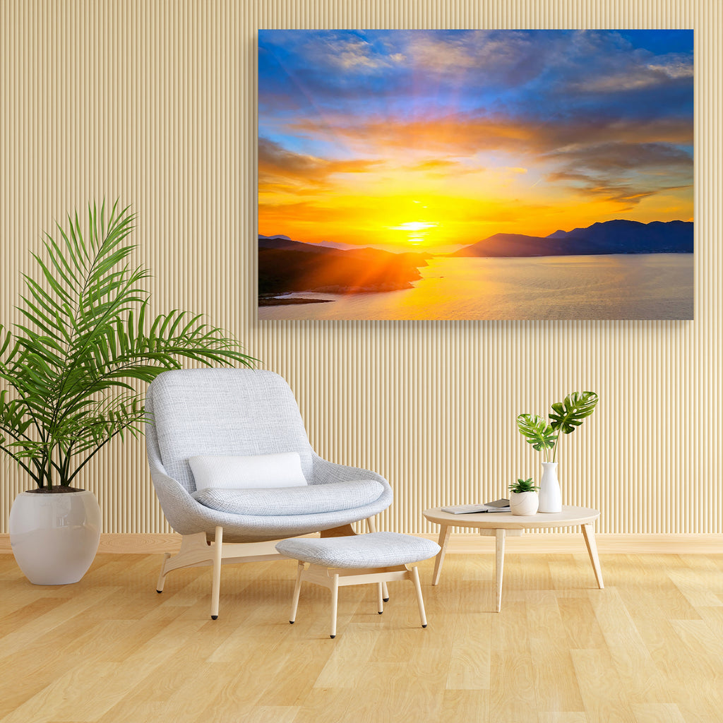 Sunset Over Mediterranean Sea Canvas Painting Synthetic Frame-Paintings MDF Framing-AFF_FR-IC 5000428 IC 5000428, Abstract Expressionism, Abstracts, Greek, Landscapes, Mountains, Nature, Scenic, Semi Abstract, Skylines, Sunrises, Sunsets, sunset, over, mediterranean, sea, canvas, painting, synthetic, frame, sunrise, abstract, azure, background, beautiful, bright, clouds, coast, color, colorful, cumulus, dark, dawn, dramatic, dusk, evening, glowing, golden, greece, heaven, horizon, island, landscape, light, 