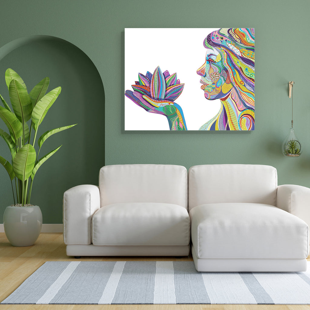 Woman With Lotus Flower Canvas Painting Synthetic Frame-Paintings MDF Framing-AFF_FR-IC 5000477 IC 5000477, Abstract Expressionism, Abstracts, Art and Paintings, Asian, Black and White, Botanical, Decorative, Drawing, Fantasy, Floral, Flowers, Geometric Abstraction, Illustrations, Indian, Nature, Patterns, People, Scenic, Semi Abstract, Signs, Signs and Symbols, White, woman, with, lotus, flower, canvas, painting, synthetic, frame, art, abstract, mystical, pattern, abstraction, asia, bright, color, colorful
