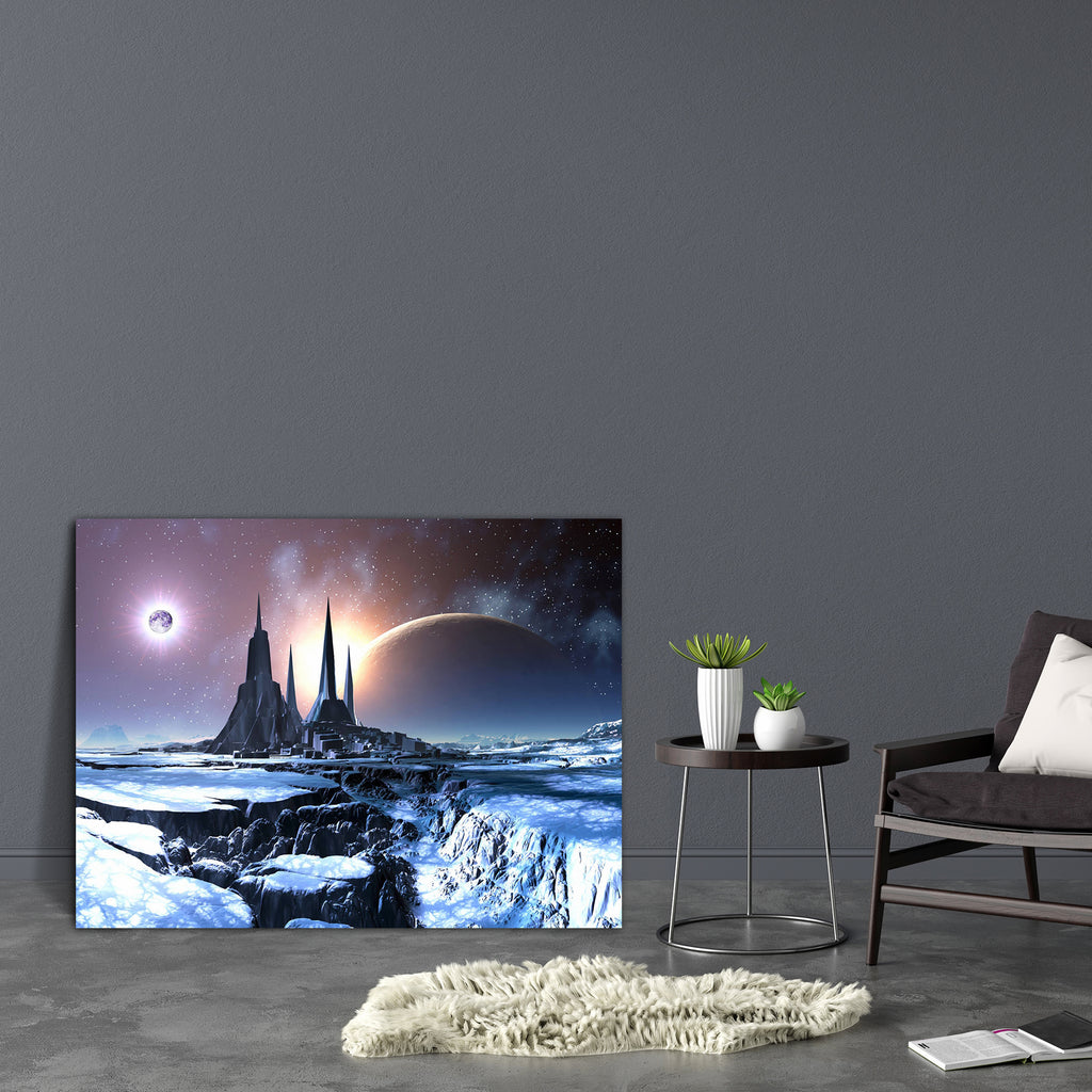 Lost Alien City In Snow Canvas Painting Synthetic Frame-Paintings MDF Framing-AFF_FR-IC 5000478 IC 5000478, Astronomy, Black and White, Cities, City Views, Cosmology, Digital, Digital Art, Fantasy, Graphic, Illustrations, Mountains, Science Fiction, Space, Stars, White, lost, alien, city, in, snow, canvas, painting, synthetic, frame, science, fiction, earthquake, age, blue, chasm, chill, cold, cosmos, eclipse, frozen, horizon, ice, illustration, lunar, moon, mountain, orbit, planet, rock, scifi, shine, sola