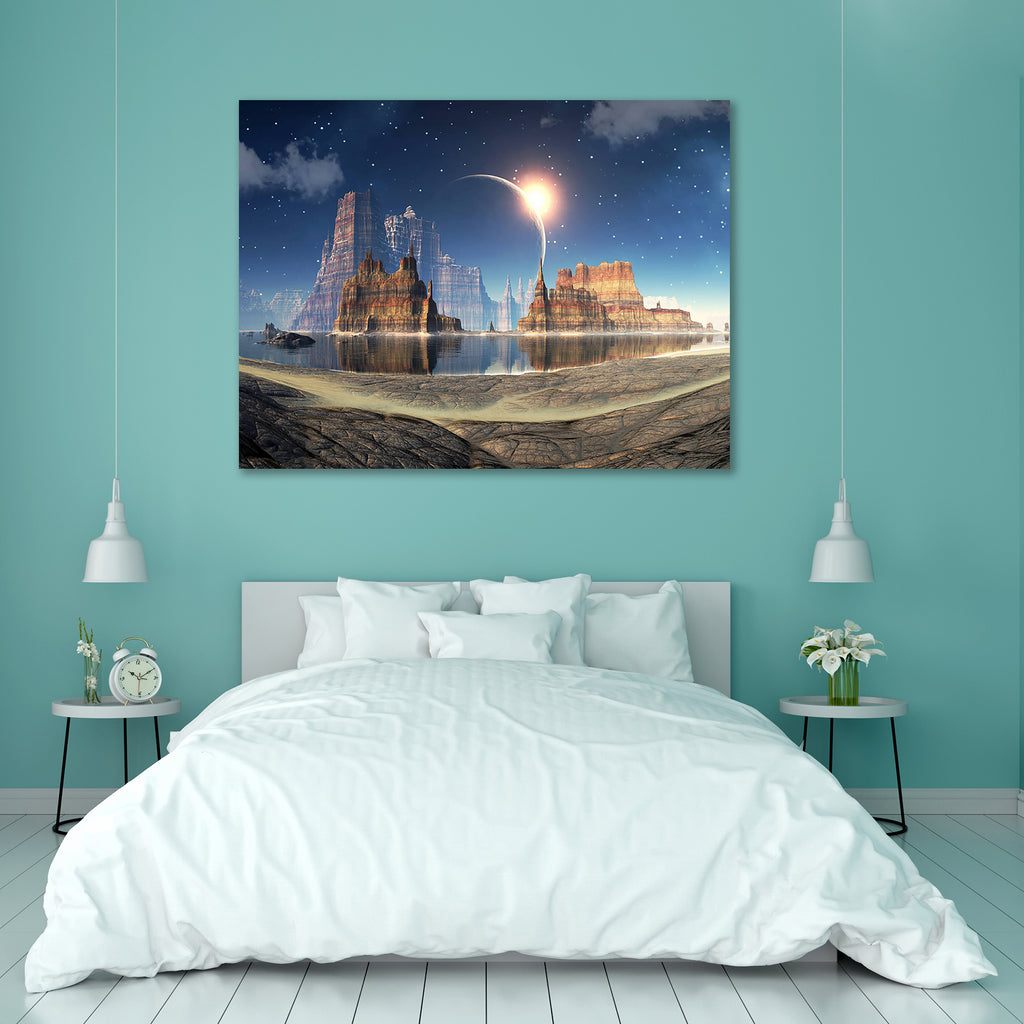 Solar Eclipse Over Alien Lake Landscape Canvas Painting Synthetic Frame-Paintings MDF Framing-AFF_FR-IC 5000479 IC 5000479, Astronomy, Cosmology, Digital, Digital Art, Fantasy, Futurism, Graphic, Illustrations, Landscapes, Scenic, Science Fiction, Skylines, Space, solar, eclipse, over, alien, lake, landscape, canvas, painting, synthetic, frame, science, fiction, scifi, background, bay, beach, blue, day, daytime, environment, foam, future, futuristic, illustration, lunar, moon, planet, reflections, rise, roc