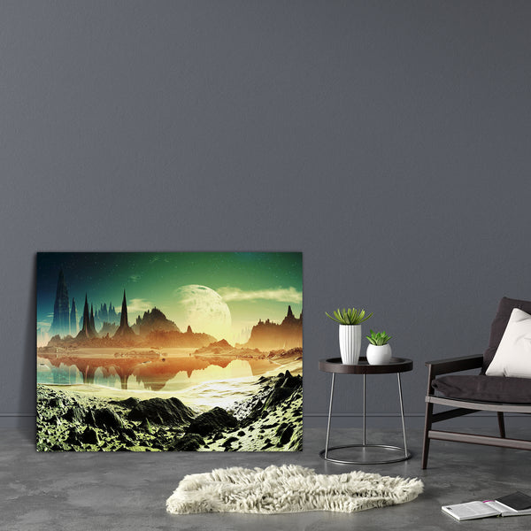 Alien City Ruins Beside The Lake Canvas Painting Synthetic Frame-Paintings MDF Framing-AFF_FR-IC 5000487 IC 5000487, Architecture, Astronomy, Cities, City Views, Cosmology, Digital, Digital Art, Fantasy, Futurism, Graphic, Illustrations, Mountains, Science Fiction, Space, Stars, alien, city, ruins, beside, the, lake, canvas, painting, for, bedroom, living, room, engineered, wood, frame, sci, fi, background, building, fiction, future, futuristic, golden, green, illustration, planet, science, sky, structure, 