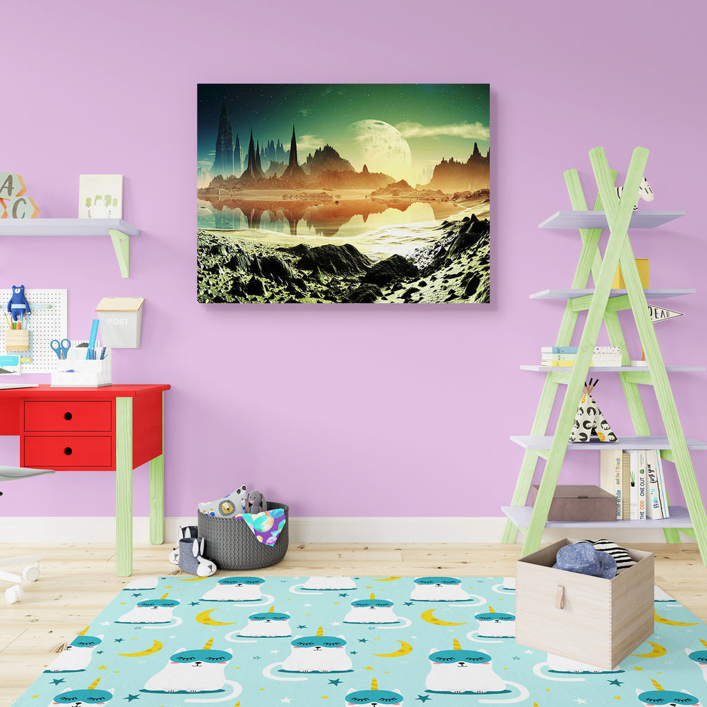 Alien City Ruins Beside The Lake Canvas Painting Synthetic Frame-Paintings MDF Framing-AFF_FR-IC 5000487 IC 5000487, Architecture, Astronomy, Cities, City Views, Cosmology, Digital, Digital Art, Fantasy, Futurism, Graphic, Illustrations, Mountains, Science Fiction, Space, Stars, alien, city, ruins, beside, the, lake, canvas, painting, synthetic, frame, sci, fi, background, building, fiction, future, futuristic, golden, green, illustration, planet, science, sky, structure, temples, valley, view, water, world