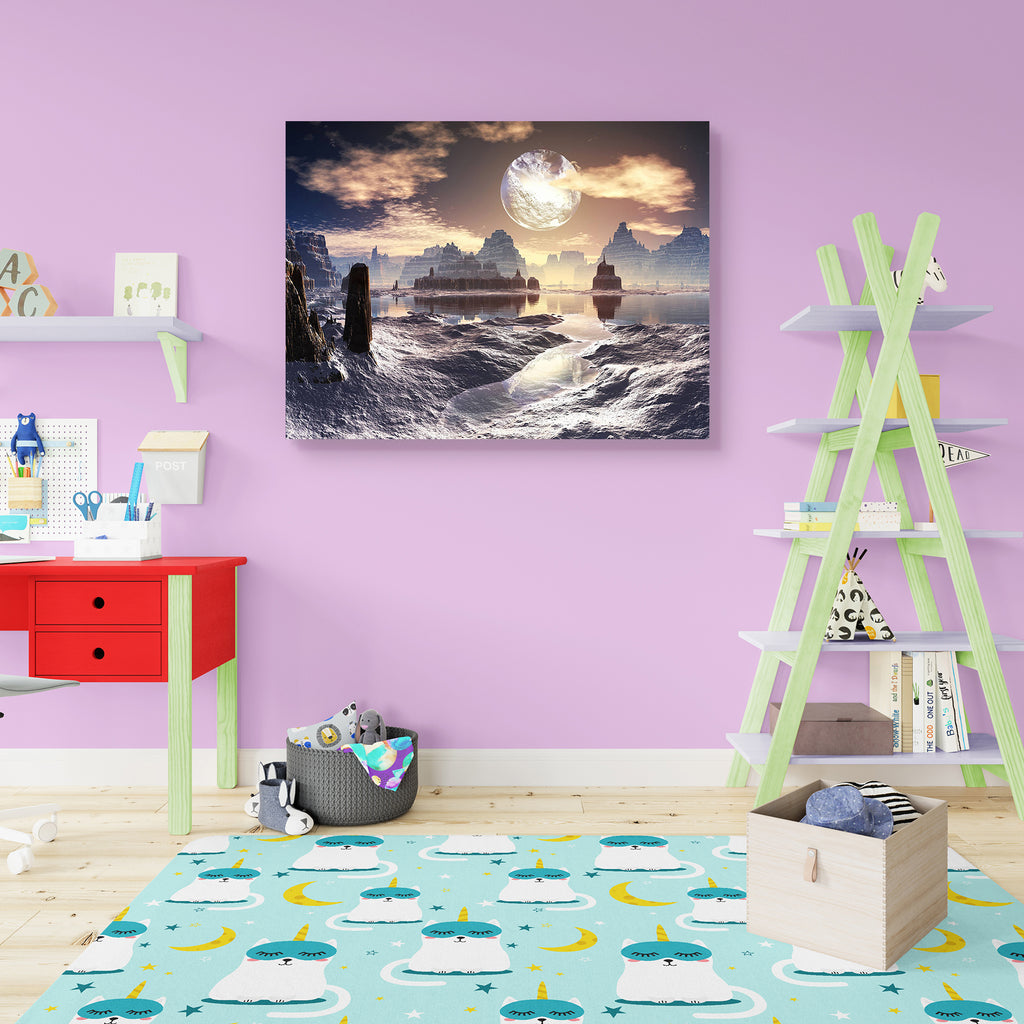 Winter Alien Landscape Canvas Painting Synthetic Frame-Paintings MDF Framing-AFF_FR-IC 5000490 IC 5000490, Astronomy, Black and White, Cosmology, Digital, Digital Art, Fantasy, Graphic, Illustrations, Landscapes, Mountains, Scenic, Science Fiction, Space, Stars, White, winter, alien, landscape, canvas, painting, synthetic, frame, science, fiction, moon, age, blue, broken, chill, cold, cosmos, crater, frozen, horizon, ice, illustration, lunar, mountain, orbit, planet, reflection, rock, scifi, shine, snow, un