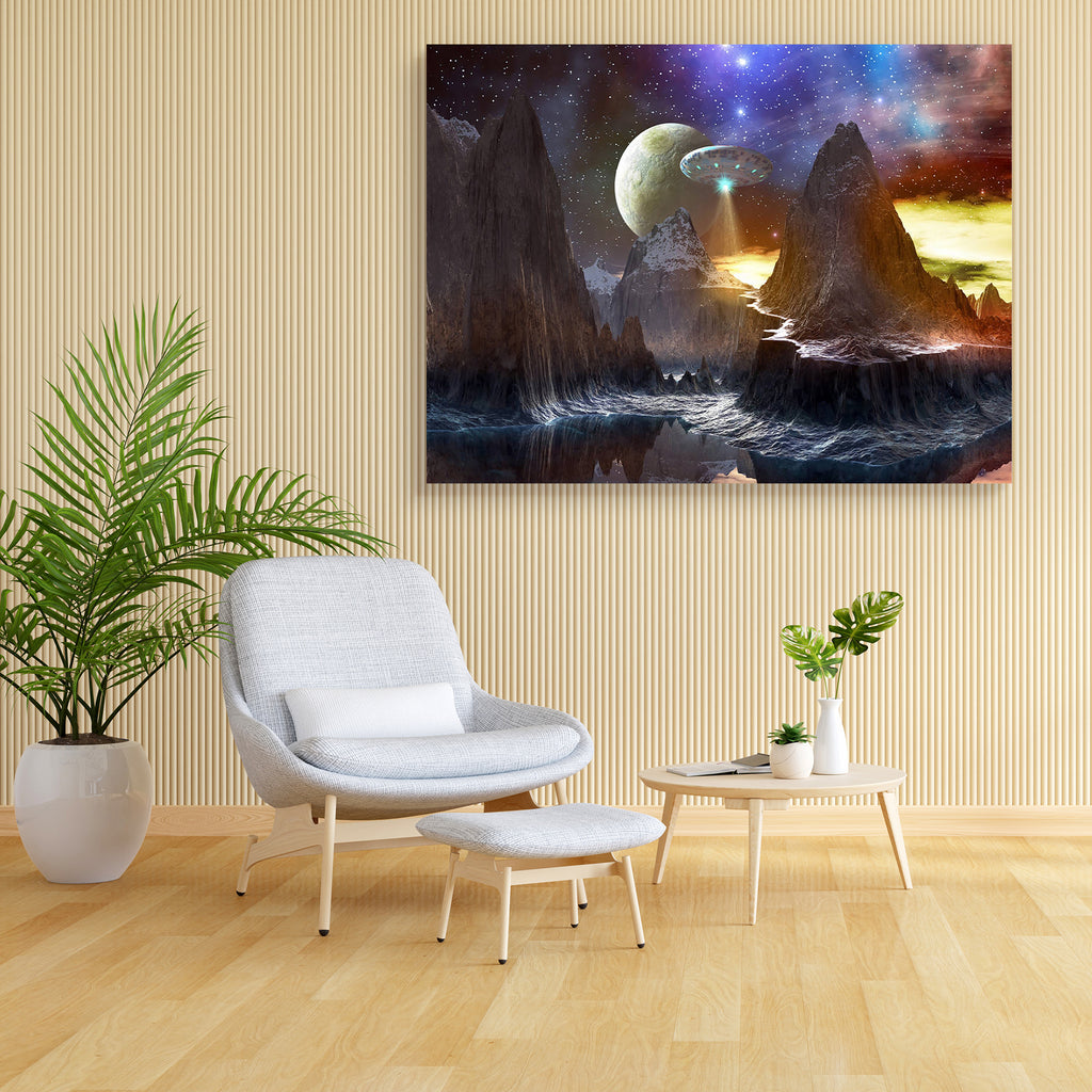 Spaceship Over Mountain Path Canvas Painting Synthetic Frame-Paintings MDF Framing-AFF_FR-IC 5000498 IC 5000498, Astronomy, Automobiles, Cosmology, Digital, Digital Art, Fantasy, Futurism, Graphic, Illustrations, Landscapes, Mountains, Scenic, Science Fiction, Skylines, Space, Stars, Transportation, Travel, Vehicles, spaceship, over, mountain, path, canvas, painting, synthetic, frame, ufo, alien, background, beam, clouds, craft, environment, fiction, flying, future, futuristic, illustration, invasion, lands