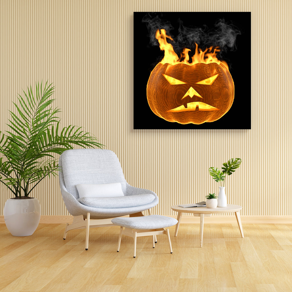 Burning Pumpkin Canvas Painting Synthetic Frame-Paintings MDF Framing-AFF_FR-IC 5000505 IC 5000505, Black, Black and White, Culture, Ethnic, Fruit and Vegetable, Holidays, Seasons, Traditional, Tribal, Vegetables, World Culture, burning, pumpkin, canvas, painting, synthetic, frame, autumn, backgrounds, burn, carved, celebration, color, danger, dark, decoration, devils, evil, eyes, face, fear, fiery, fire, flames, fun, glow, glowing, gourd, halloween, holiday, horror, hot, illuminated, isolated, jack, lanter