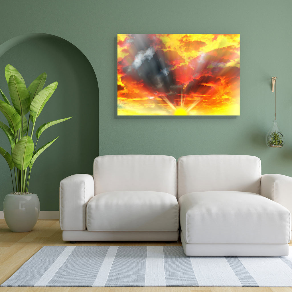 Evening Sun Canvas Painting Synthetic Frame-Paintings MDF Framing-AFF_FR-IC 5000541 IC 5000541, Abstract Expressionism, Abstracts, God Ram, Hinduism, Landscapes, Nature, Scenic, Semi Abstract, Spiritual, Sunrises, Sunsets, evening, sun, canvas, painting, synthetic, frame, abstract, artistic, atmosphere, background, beautiful, beginning, bright, climate, cloud, color, colour, dawn, drama, dramatic, dusk, freedom, glow, gold, happy, hdr, hdri, heaven, holy, inspiring, landscape, light, majestic, morning, myst