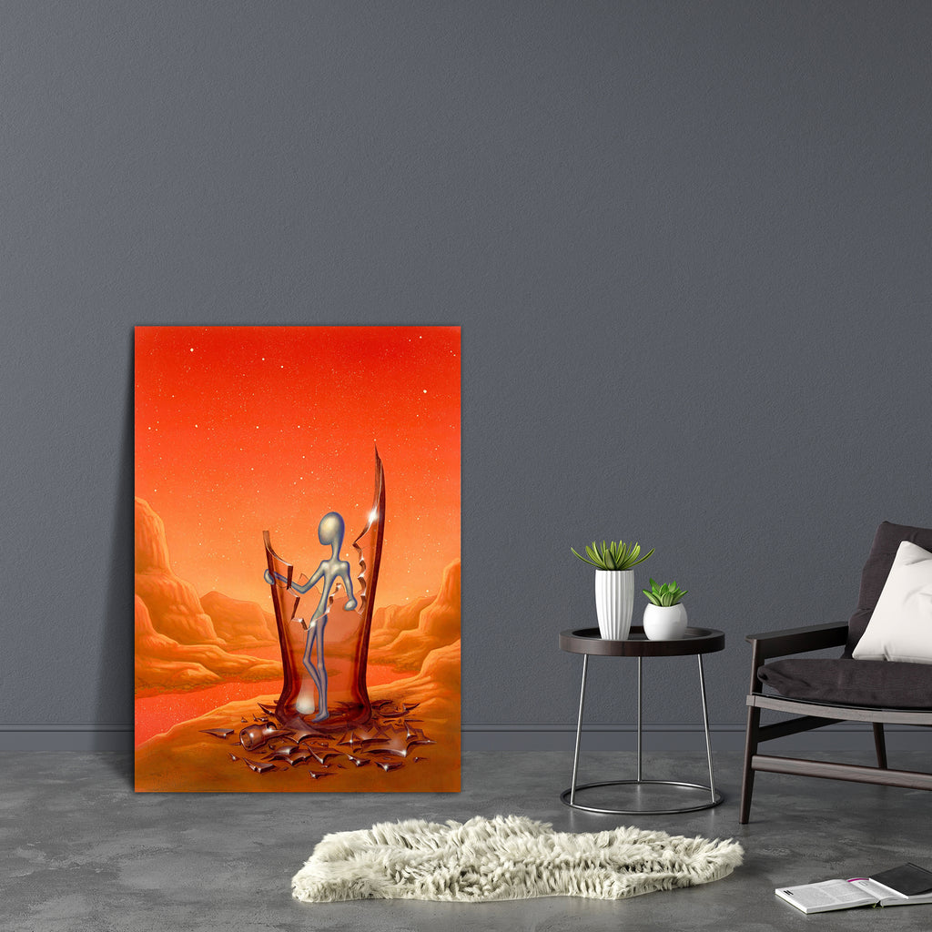 Surreal Alien Figure In A Broken Glass Bottle Canvas Painting Synthetic Frame-Paintings MDF Framing-AFF_FR-IC 5000658 IC 5000658, Art and Paintings, Fantasy, Landscapes, Paintings, Realism, Scenic, Sunsets, Surrealism, surreal, alien, figure, in, a, broken, glass, bottle, canvas, painting, synthetic, frame, art, beginnings, bizarre, breaking, countryside, dreams, drinking, escape, fragility, freedom, futuristic, landscape, leaving, loneliness, new, one, person, paint, painted, image, red, remote, river, riv