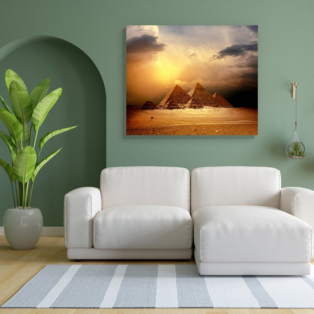Pyramids In Giza Valley With Yellow Dark Clouds Canvas Painting Synthetic Frame-Paintings MDF Framing-AFF_FR-IC 5000721 IC 5000721, African, Ancient, Architecture, Eygptian, Historical, Landmarks, Landscapes, Marble and Stone, Medieval, Places, Scenic, Sunsets, Triangles, Vintage, pyramids, in, giza, valley, with, yellow, dark, clouds, canvas, painting, synthetic, frame, egypt, pyramid, egyptian, pharaoh, cairo, africa, antique, archeology, camel, cheops, cloudscape, cloudy, desert, distance, dry, egyptolog