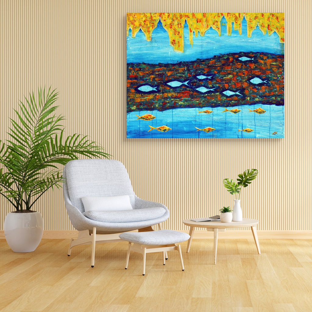 Blue Towers & Fishes Canvas Painting Synthetic Frame-Paintings MDF Framing-AFF_FR-IC 5000770 IC 5000770, Abstract Expressionism, Abstracts, Architecture, Art and Paintings, Asian, Automobiles, Cities, City Views, Decorative, Drawing, Illustrations, Italian, Landscapes, Paintings, Scenic, Semi Abstract, Signs, Signs and Symbols, Transportation, Travel, Vehicles, blue, towers, fishes, canvas, painting, synthetic, frame, abstract, acrylic, art, artist, artistic, artwork, asia, background, beautiful, beauty, bu