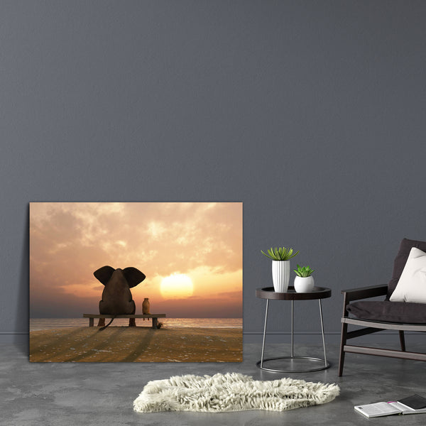 Elephant & Dog D1 Canvas Painting Synthetic Frame-Paintings MDF Framing-AFF_FR-IC 5000925 IC 5000925, Animals, Friends, Holidays, Nature, Scenic, Seasons, Sunsets, Tropical, elephant, dog, d1, canvas, painting, for, bedroom, living, room, engineered, wood, frame, animal, bench, big, and, small, contemplation, sitting, on, a, think, back, beach, beautiful, calm, clouds, couple, difference, looking, mood, ocean, outdoor, red, relationship, resort, romantic, sand, sea, season, sky, summer, sunset, together, tw