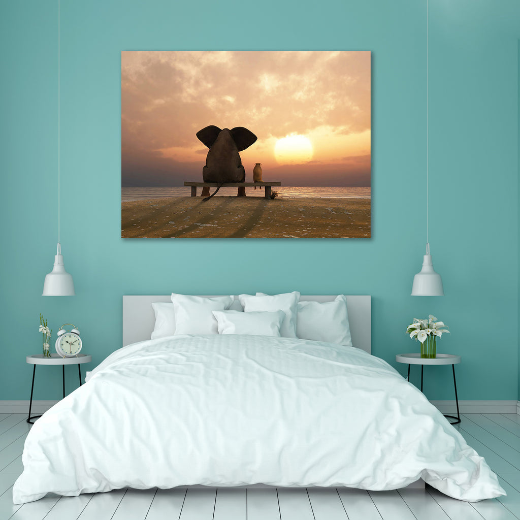 Elephant & Dog D1 Canvas Painting Synthetic Frame-Paintings MDF Framing-AFF_FR-IC 5000925 IC 5000925, Animals, Friends, Holidays, Nature, Scenic, Seasons, Sunsets, Tropical, elephant, dog, d1, canvas, painting, synthetic, frame, animal, bench, big, and, small, contemplation, sitting, on, a, think, back, beach, beautiful, calm, clouds, couple, difference, looking, mood, ocean, outdoor, red, relationship, resort, romantic, sand, sea, season, sky, summer, sunset, together, two, vacation, view, water, artzfolio