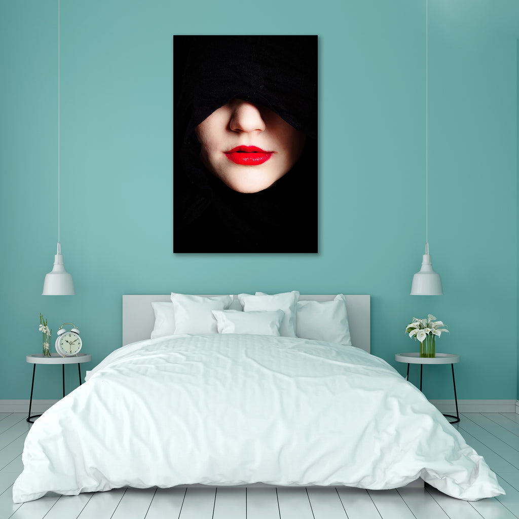 Woman In Black Hood & Red Lips Canvas Painting Synthetic Frame-Paintings MDF Framing-AFF_FR-IC 5000938 IC 5000938, Adult, Asian, Black, Black and White, Fantasy, Fashion, Gothic, Individuals, People, Portraits, woman, in, hood, red, lips, canvas, painting, synthetic, frame, arab, girl, mystical, alone, arabian, attractive, beautiful, beauty, caucasian, clothes, cute, dark, daughter, depressed, elegance, expression, eyes, face, fear, female, glamor, glamour, hide, large, look, make, makeup, model, mystery, o