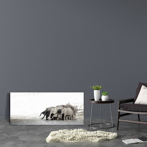 A Herd Of African Elephants Canvas Painting Synthetic Frame-Paintings MDF Framing-AFF_FR-IC 5000955 IC 5000955, African, Black, Black and White, God Ram, Hinduism, Panorama, Space, Sunrises, Sunsets, White, Wildlife, a, herd, of, elephants, canvas, painting, for, bedroom, living, room, engineered, wood, frame, africa, and, botswana, bw, conservation, copyspace, drink, drinking, ears, eco, elephant, grey, group, mammal, outdoors, park, river, safari, stand, standing, sunrise, sunset, trunks, veld, water, wil