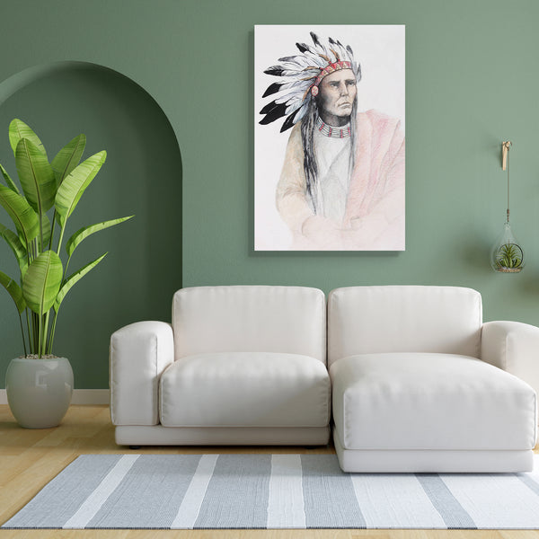 American Indian With Feathers Canvas Painting Synthetic Frame-Paintings MDF Framing-AFF_FR-IC 5001022 IC 5001022, American, Ancient, Art and Paintings, Black, Black and White, Culture, Drawing, Ethnic, Historical, Illustrations, Indian, Individuals, Medieval, Paintings, People, Portraits, Traditional, Tribal, Vintage, White, World Culture, with, feathers, canvas, painting, for, bedroom, living, room, engineered, wood, frame, native, adornment, art, artistic, chief, chieftain, close, closeup, color, costume,