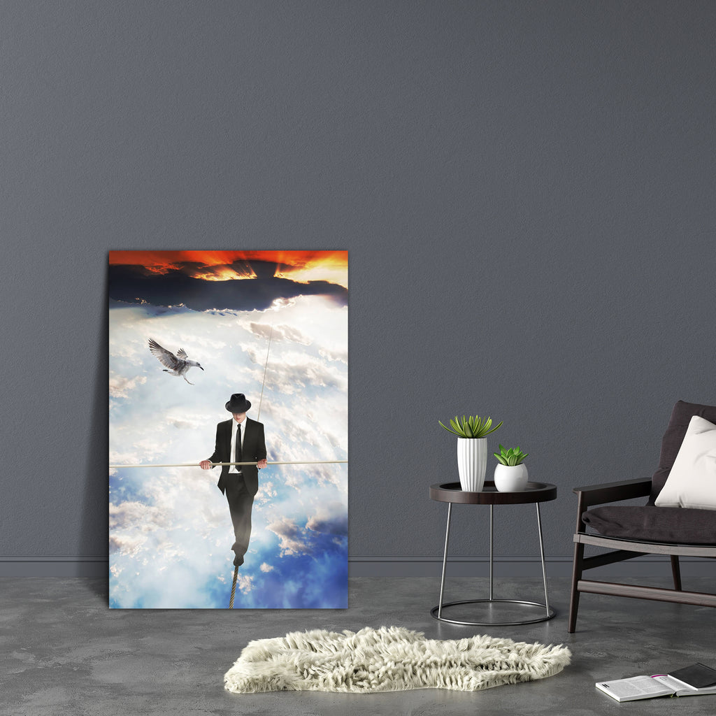 Man Walking On A High Rope Canvas Painting Synthetic Frame-Paintings MDF Framing-AFF_FR-IC 5001109 IC 5001109, Animals, Birds, Business, Nature, Scenic, Wildlife, man, walking, on, a, high, rope, canvas, painting, synthetic, frame, tightrope, air, beak, blue, cable, clouds, cloudy, concept, danger, day, daylight, dynamic, feathers, flight, fluffy, flying, glide, go, light, male, manager, men, necktie, one, outdoor, overhead, peace, person, pole, risk, seagull, skies, soar, soaring, speed, suit, summer, sun,