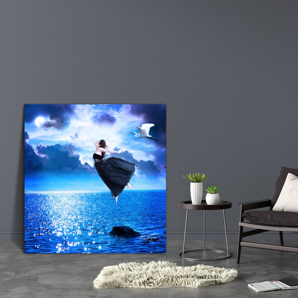 Girl Jumping Canvas Painting Synthetic Frame-Paintings MDF Framing-AFF_FR-IC 5001122 IC 5001122, Birds, Black and White, Fantasy, Landscapes, Nature, Scenic, White, girl, jumping, canvas, painting, synthetic, frame, scenery, beautiful, fairy, flying, romantic, woman, reflection, background, beauty, bird, blue, cloud, dark, darkness, dream, dreamy, dress, egret, environment, evening, female, fly, heron, lady, lake, landscape, light, magic, majestic, moon, mystery, night, ocean, pretty, princess, rock, sea, s