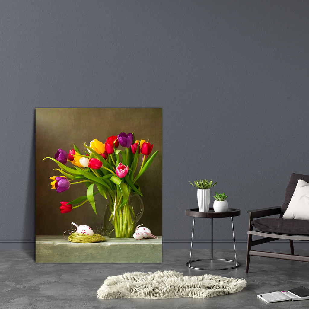 Tulips & Easter Eggs Canvas Painting Synthetic Frame-Paintings MDF Framing-AFF_FR-IC 5001235 IC 5001235, Black and White, Botanical, Floral, Flowers, Holidays, Nature, Still Life, White, tulips, easter, eggs, canvas, painting, synthetic, frame, beautiful, bouquet, celebrate, decorate, decoration, flavor, fragrant, green, holiday, nest, nice, pink, purple, red, still, life, violet, yellow, artzfolio, wall decor for living room, wall frames for living room, frames for living room, wall art, canvas painting, w