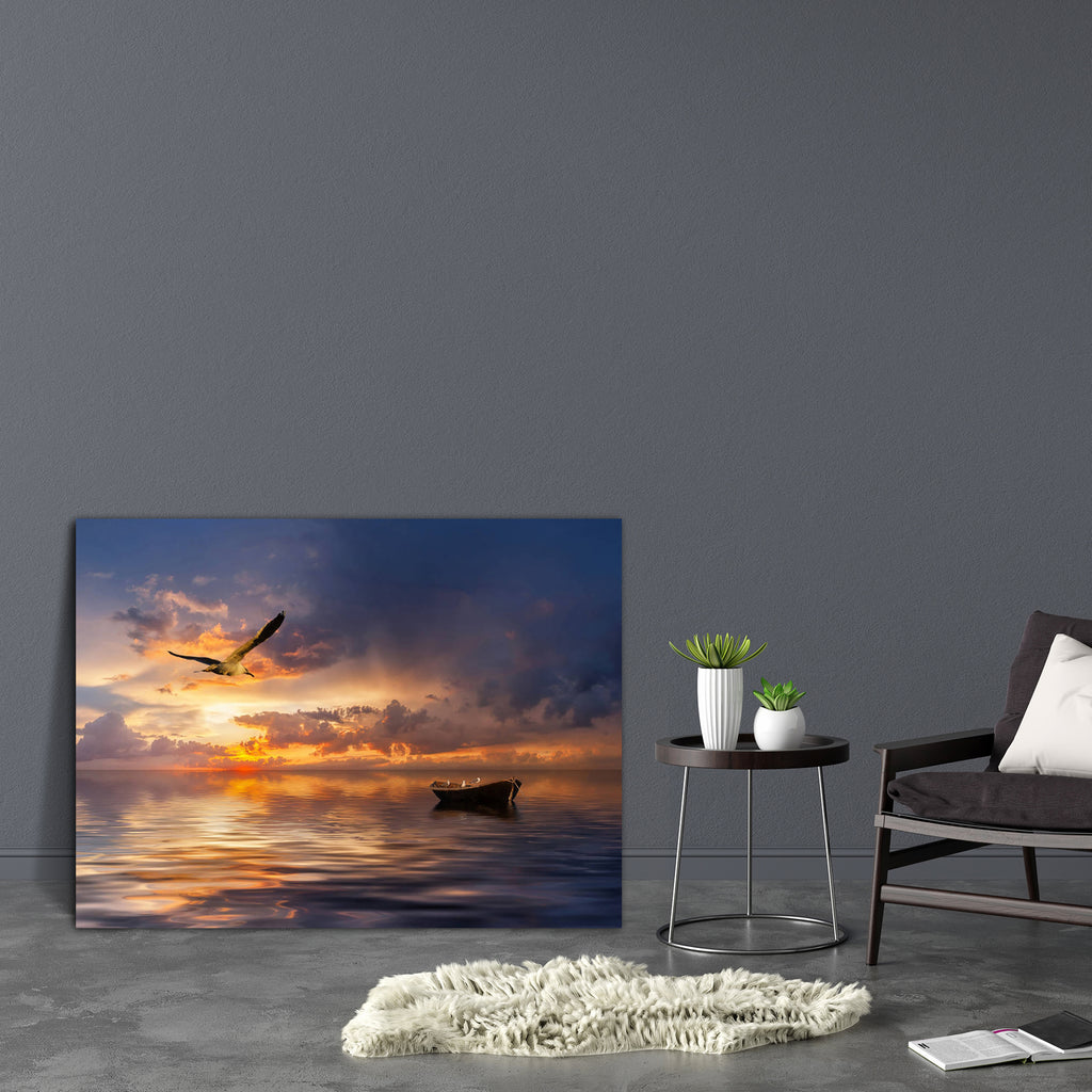 Beautiful Landscape With Lonely Boat Canvas Painting Synthetic Frame-Paintings MDF Framing-AFF_FR-IC 5001500 IC 5001500, Birds, Black and White, Boats, Landscapes, Nature, Nautical, Scenic, Sunrises, Sunsets, White, beautiful, landscape, with, lonely, boat, canvas, painting, synthetic, frame, seagull, sea, stormy, storm, ocean, sunset, seagulls, background, bay, beauty, bird, blue, bright, cloud, color, colorful, decline, dusk, evening, gold, golden, horizon, light, majestic, meditation, outdoor, rain, refl