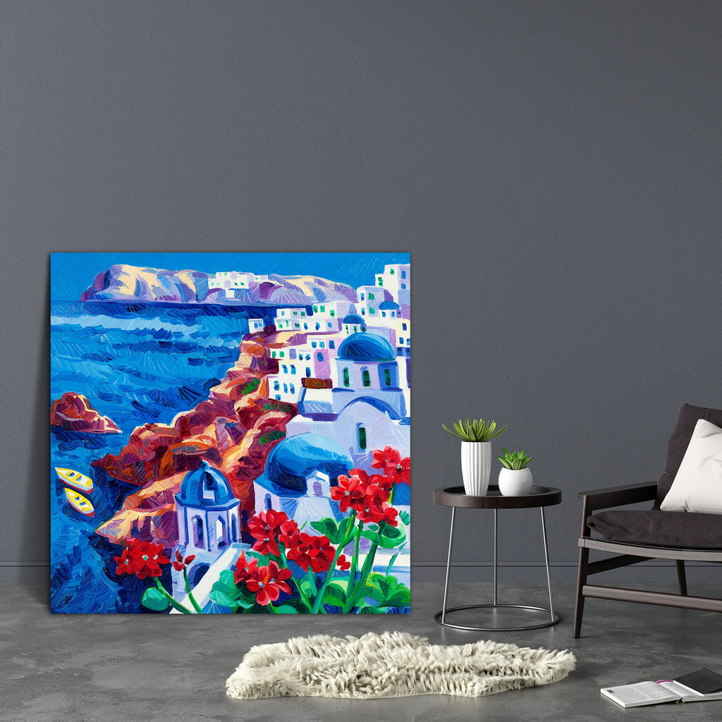 Blue Churches & White Houses At Santorini Island D1 Canvas Painting Synthetic Frame-Paintings MDF Framing-AFF_FR-IC 5001516 IC 5001516, Abstract Expressionism, Abstracts, Architecture, Art and Paintings, Black and White, Cities, City Views, Cross, Culture, Ethnic, Greek, Impressionism, Landmarks, Landscapes, Modern Art, Mountains, Paintings, Places, Religion, Religious, Scenic, Semi Abstract, Traditional, Tribal, White, World Culture, blue, churches, houses, at, santorini, island, d1, canvas, painting, synt