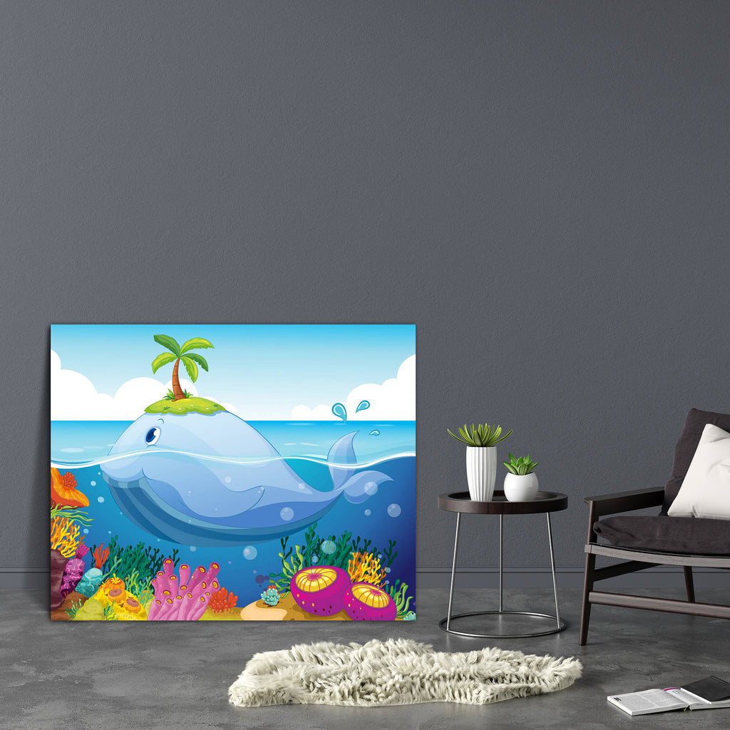 Fish Island & Coral In The Sea Canvas Painting Synthetic Frame-Paintings MDF Framing-AFF_FR-IC 5001540 IC 5001540, Animals, Animated Cartoons, Black and White, Caricature, Cartoons, Digital, Digital Art, Drawing, Graphic, Illustrations, Sketches, Tropical, White, fish, island, coral, in, the, sea, canvas, painting, synthetic, frame, whale, cartoon, reef, land, animal, ocean, aqua, background, blue, clouds, color, colorful, drops, grass, green, head, illustration, marine, outdoor, palm, tree, picture, plants