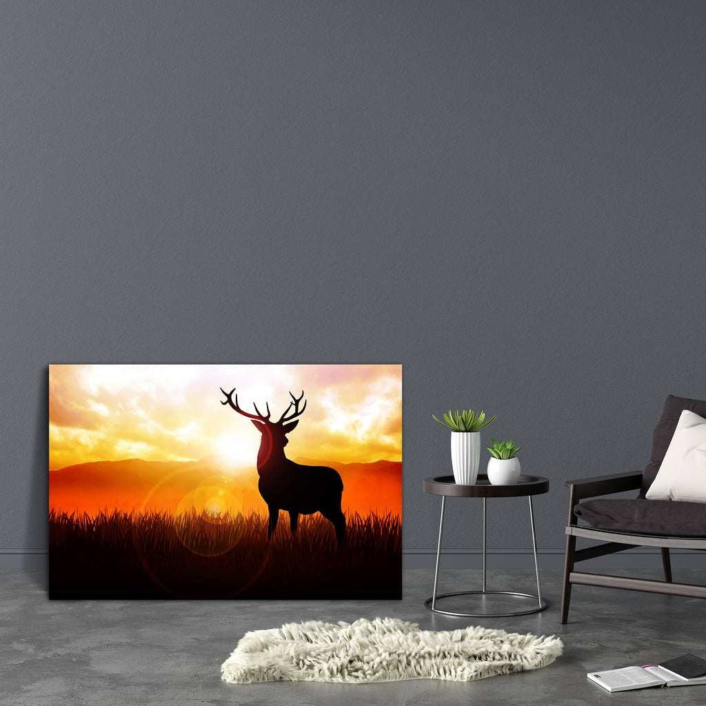 Deer On Meadow Canvas Painting Synthetic Frame-Paintings MDF Framing-AFF_FR-IC 5001555 IC 5001555, Animals, God Ram, Hinduism, Illustrations, Landscapes, Mountains, Nature, Panorama, Scenic, Sunrises, Sunsets, Wildlife, deer, on, meadow, canvas, painting, synthetic, frame, silhouette, beautiful, scenery, sunset, animal, antelope, antler, atmosphere, autumn, background, beauty, bright, cattle, clouds, dawn, day, dusk, field, grass, hills, illustration, landscape, mammal, morning, mountain, natural, orange, p