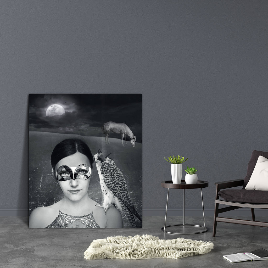 Young Woman In Mask With A Hawk Canvas Painting Synthetic Frame-Paintings MDF Framing-AFF_FR-IC 5001577 IC 5001577, Abstract Expressionism, Abstracts, Art and Paintings, Black, Black and White, Collages, Fantasy, Semi Abstract, White, young, woman, in, mask, with, a, hawk, canvas, painting, synthetic, frame, abstract, art, artistic, background, beautiful, cloud, collage, composition, cover, creation, creativity, dark, desert, detail, dream, dreaming, expression, face, girl, gray, grey, horse, illustrative, 