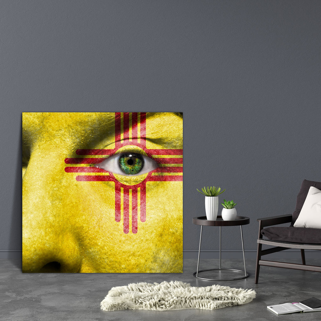 New Mexico Flag Painted On Face Canvas Painting Synthetic Frame-Paintings MDF Framing-AFF_FR-IC 5001623 IC 5001623, American, Art and Paintings, Countries, Cross, Flags, Mexican, Signs, Signs and Symbols, Sports, Symbols, new, mexico, flag, painted, on, face, canvas, painting, synthetic, frame, america, art, background, color, country, expression, eye, paint, facial, fan, finger, follower, freedom, independence, looking, make, up, man, nation, passion, patriot, patriotic, pride, red, sign, skin, state, supp