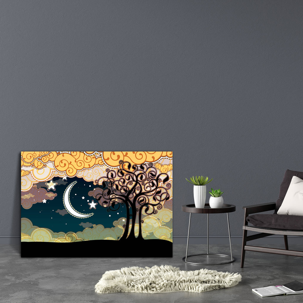 Cartoon Style Landscape With Tree & Moon Canvas Painting Synthetic Frame-Paintings MDF Framing-AFF_FR-IC 5001631 IC 5001631, Abstract Expressionism, Abstracts, Animated Cartoons, Art and Paintings, Black and White, Caricature, Cartoons, Countries, Fantasy, Illustrations, Landscapes, Nature, Paintings, Patterns, Scenic, Semi Abstract, Signs, Signs and Symbols, Space, White, cartoon, style, landscape, with, tree, moon, canvas, painting, synthetic, frame, abstract, background, blue, bright, cloud, clouds, colo