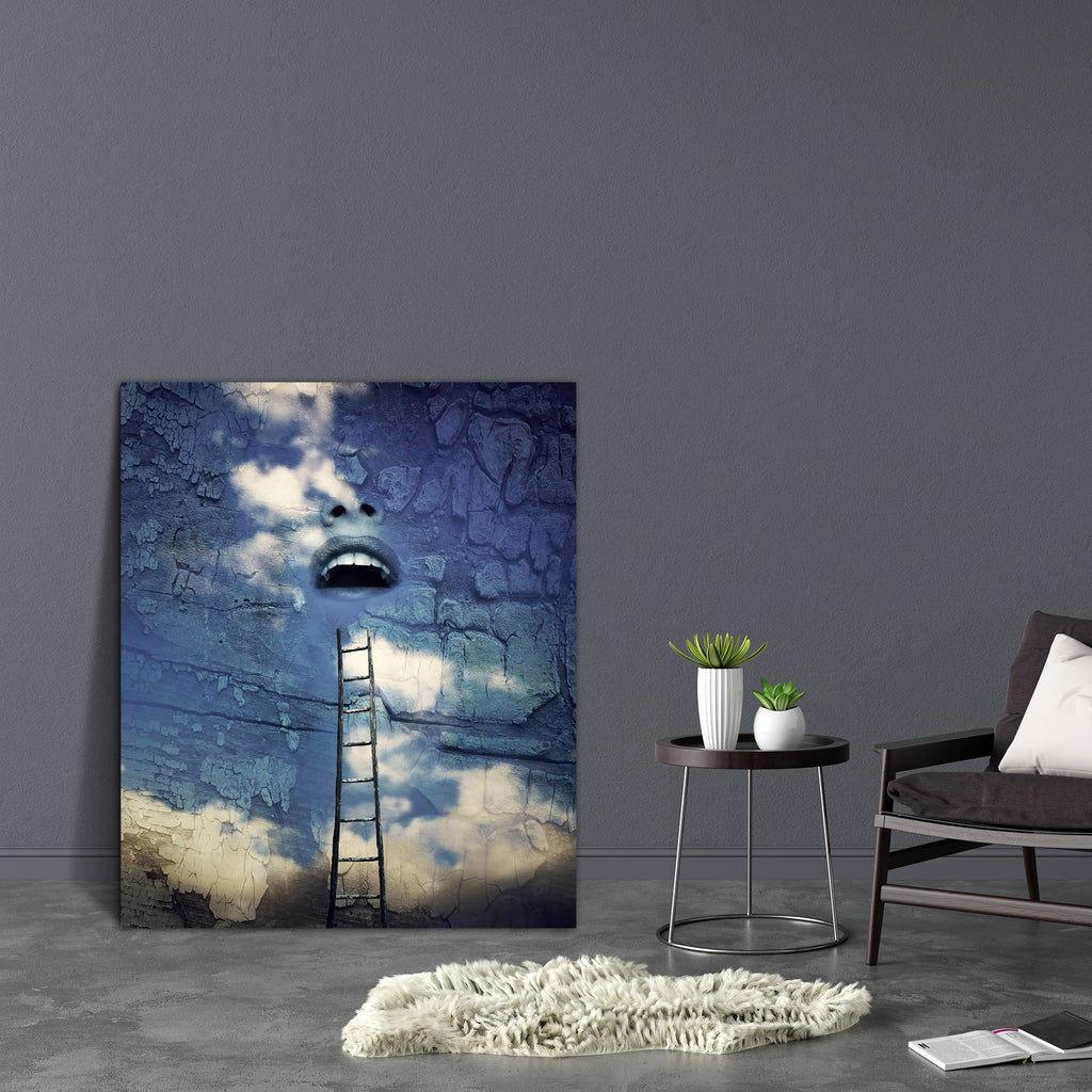 Human Open Mouth In The Sky With A Wooden Ladder Canvas Painting Synthetic Frame-Paintings MDF Framing-AFF_FR-IC 5001641 IC 5001641, Abstract Expressionism, Abstracts, Art and Paintings, Collages, Conceptual, Fantasy, Semi Abstract, Spiritual, Surrealism, human, open, mouth, in, the, sky, with, a, wooden, ladder, canvas, painting, synthetic, frame, abstract, art, artistic, background, blue, cloud, collage, colorful, concept, cover, creation, creativity, dreaming, face, female, invention, inventive, nose, no
