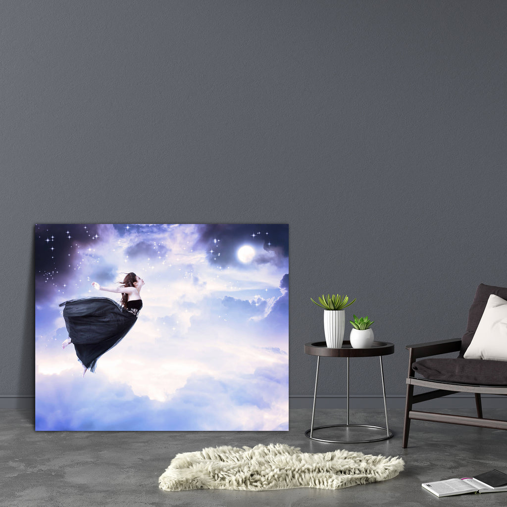 Girl Jumping In The Moonlight Sky Canvas Painting Synthetic Frame-Paintings MDF Framing-AFF_FR-IC 5001658 IC 5001658, Abstract Expressionism, Abstracts, Asian, Black, Black and White, Culture, Ethnic, Fantasy, Landscapes, Scenic, Semi Abstract, Stars, Traditional, Tribal, World Culture, girl, jumping, in, the, moonlight, sky, canvas, painting, synthetic, frame, landscape, magical, woman, flying, dreams, abstract, background, beautiful, beauty, blue, cloud, clouds, concept, dark, darkness, dream, dreamy, dre