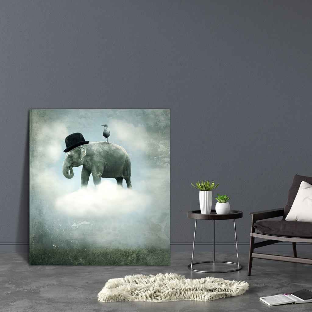 Elephant With A Hat & A Gull Canvas Painting Synthetic Frame-Paintings MDF Framing-AFF_FR-IC 5001711 IC 5001711, Abstract Expressionism, Abstracts, Animals, Art and Paintings, Birds, Collages, Conceptual, Fantasy, Realism, Semi Abstract, Surrealism, elephant, with, a, hat, gull, canvas, painting, synthetic, frame, surreal, uniqueness, unique, surrealistic, flying, elephants, abstract, animal, art, artistic, background, beautiful, bird, cloud, collage, colorful, concept, cover, creation, creativity, elegant,