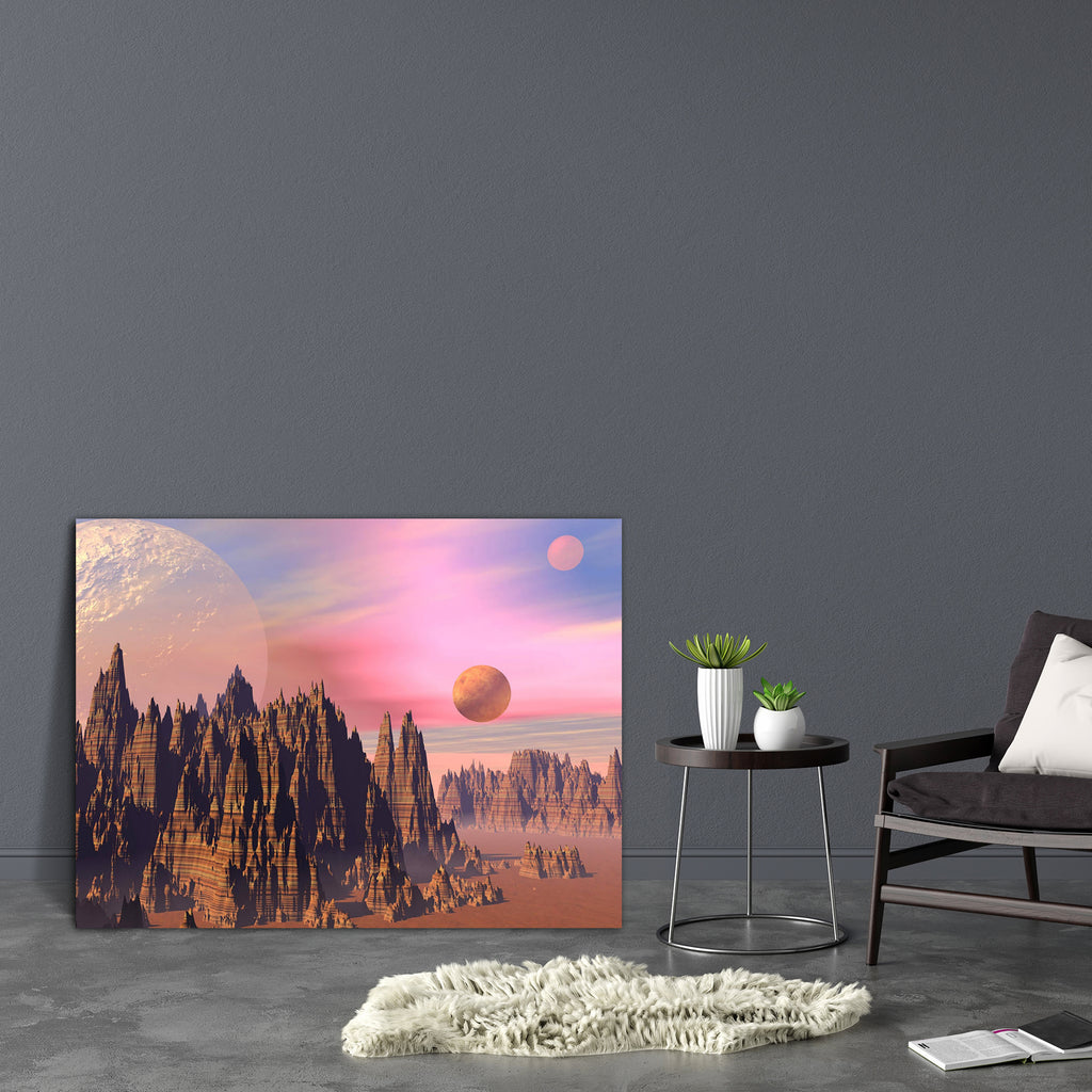 Landscape With Rocky Mountains & Planets Canvas Painting Synthetic Frame-Paintings MDF Framing-AFF_FR-IC 5001734 IC 5001734, Art and Paintings, Astronomy, Cosmology, Digital, Digital Art, Fantasy, Futurism, Graphic, Illustrations, Landscapes, Marble and Stone, Mountains, Nature, Scenic, Science Fiction, Space, landscape, with, rocky, planets, canvas, painting, synthetic, frame, alien, arid, art, artwork, background, brown, canyon, cliffs, desert, earth, fantastic, fiction, future, futuristic, golden, illust