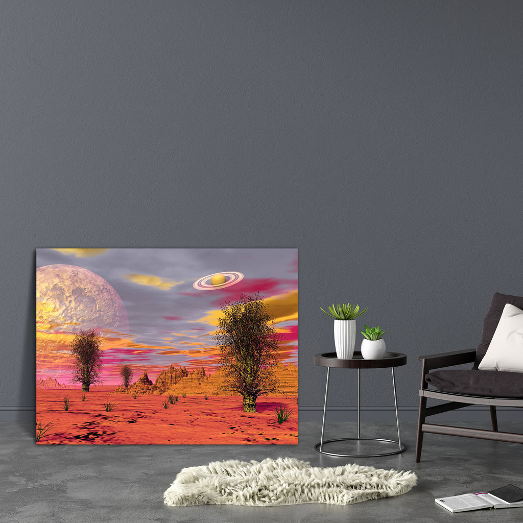 Surreal Landscape With Rock Mountains & Planets Canvas Painting Synthetic Frame-Paintings MDF Framing-AFF_FR-IC 5001736 IC 5001736, Art and Paintings, Astronomy, Cosmology, Digital, Digital Art, Fantasy, Futurism, Graphic, Illustrations, Landscapes, Marble and Stone, Mountains, Nature, Scenic, Science Fiction, Space, surreal, landscape, with, rock, planets, canvas, painting, synthetic, frame, science, fiction, alien, arid, art, artwork, background, brown, canyon, cliffs, desert, earth, fantastic, future, fu