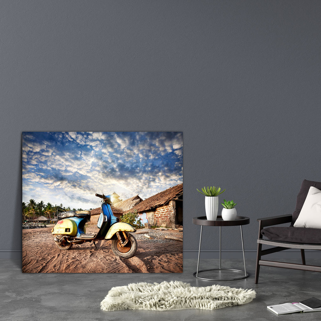 Old Retro Scooter On The Sandy Beach Canvas Painting Synthetic Frame-Paintings MDF Framing-AFF_FR-IC 5001752 IC 5001752, Asian, Automobiles, Bikes, Countries, Holidays, Indian, Nature, Retro, Scenic, Sports, Sunsets, Transportation, Travel, Tropical, Vehicles, old, scooter, on, the, sandy, beach, canvas, painting, synthetic, frame, goa, asia, bike, blue, cloud, coast, country, cycle, exotic, fisherman, glow, grunge, holiday, home, hotel, house, hut, india, kerala, light, motor, motorbike, nobody, outdoor, p